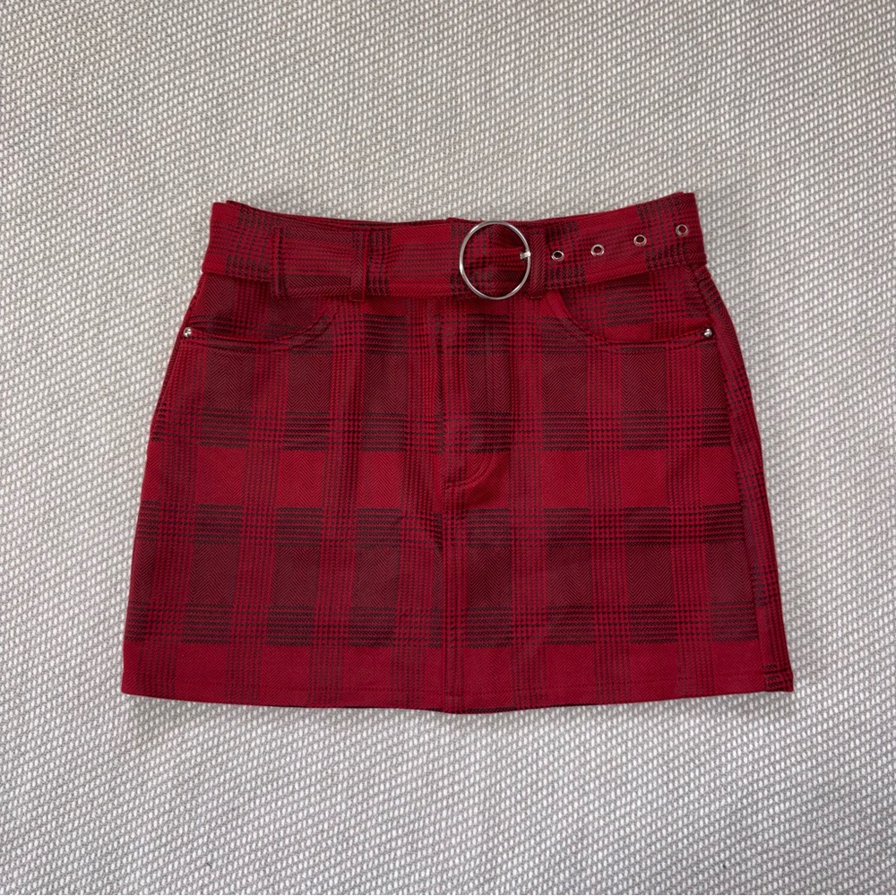 Women’s Faux Leather Red Black Plaid Belted Mini Skirt Sz Xs Sexy Party